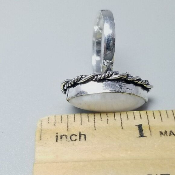 Vintage Marquise Shape White Cabochon Stone Bezel Set Silver Tone Ring, Size 6.5 - Picture 6 of 9